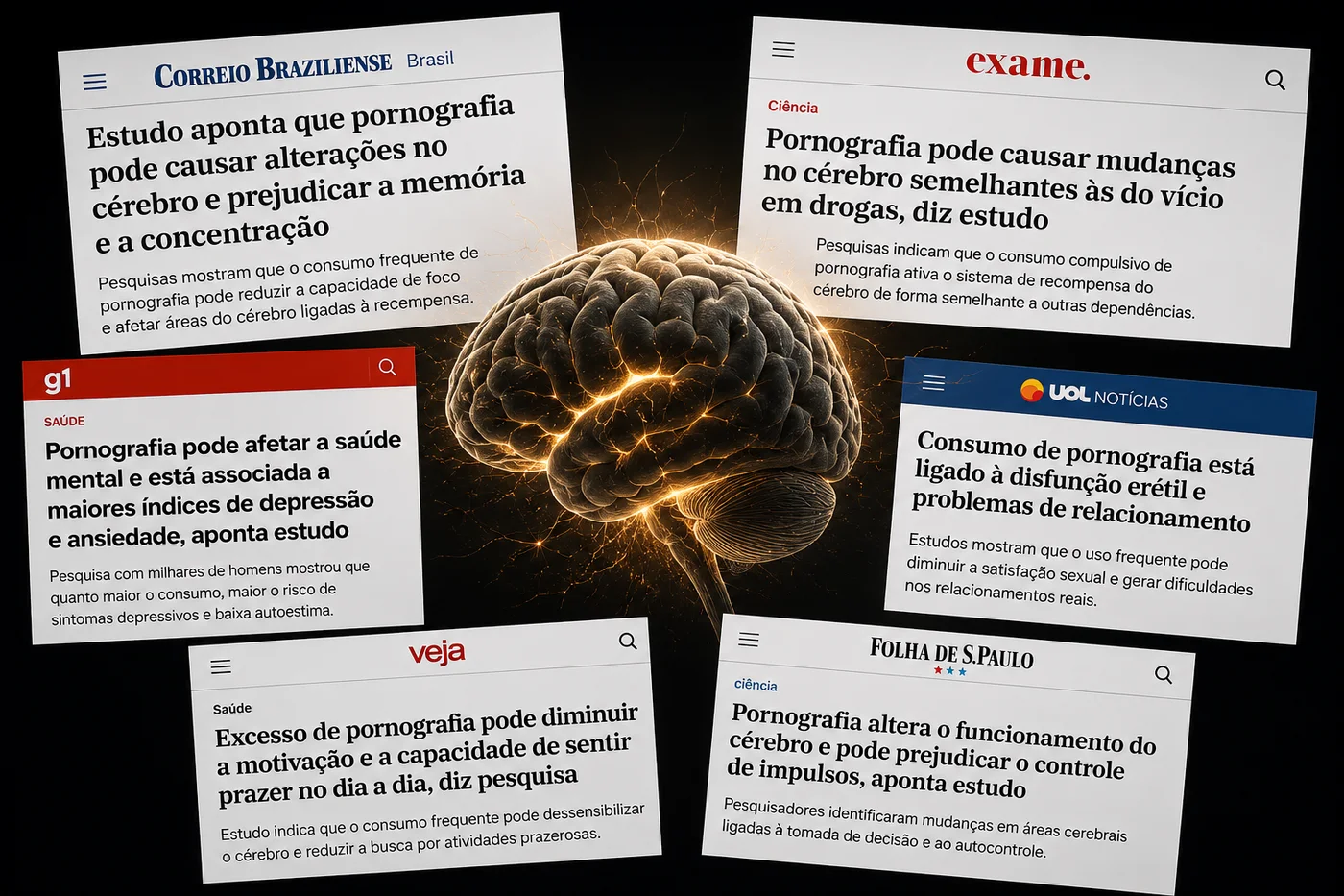 Reportagens do Correio Braziliense, Exame, g1, UOL, Veja e Folha de S.Paulo sobre os impactos da pornografia no cérebro, na memória, na saúde mental e nos relacionamentos