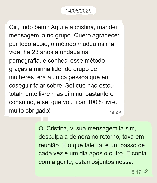 Print de conversa no WhatsApp: depoimento de Cristina Massa, aluno do Método L.I.V.R.E.
